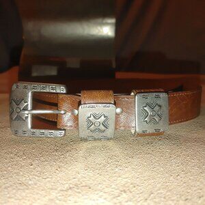 Leather Brown Belt Size 30 Conchos Intricate Silvertone Buckle Canada Vintage